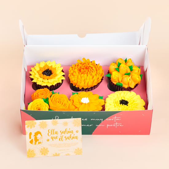 CAJA CUPCAKES FLORES AMARILLAS